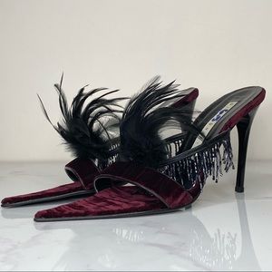 Diego Dolcini Burgundy Purple Velvet Beaded Feather High Heel Sandals 37.5 7 US